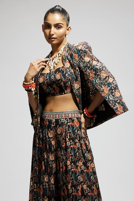 Buy_Sva By Sonam & Paras Modi_Black Crepe Sequins Open , Scoop Floral Bird Print Jacket Skirt Set_Online_at_Aza_Fashions