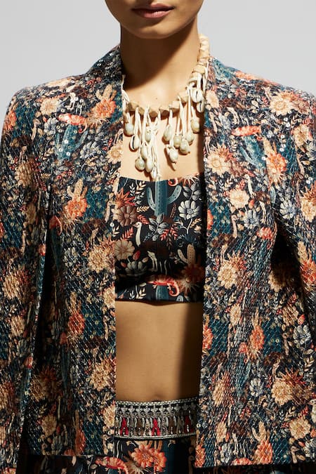Shop_Sva By Sonam & Paras Modi_Black Crepe Sequins Open , Scoop Floral Bird Print Jacket Skirt Set_Online_at_Aza_Fashions