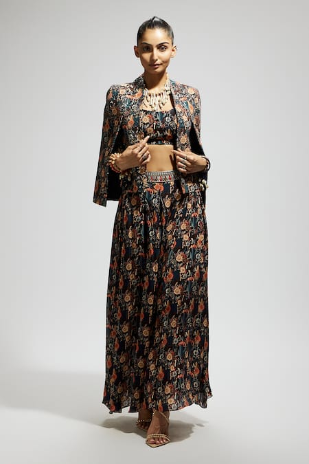 Sva By Sonam & Paras Modi_Black Crepe Sequins Open , Scoop Floral Bird Print Jacket Skirt Set_at_Aza_Fashions
