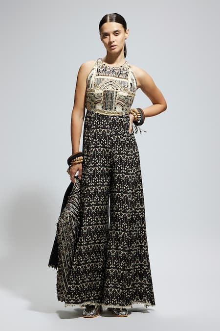 SVA by Sonam & Paras Modi Black Boho Geometric Print Jumpsuit 