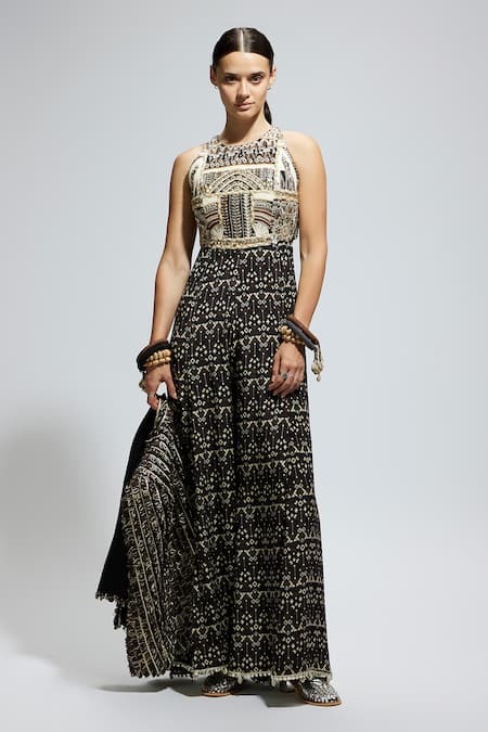 Sva By Sonam & Paras Modi_Black Crepe Sequins, Embroidery Halter Neck Boho Geometric Print Jumpsuit_Online_at_Aza_Fashions