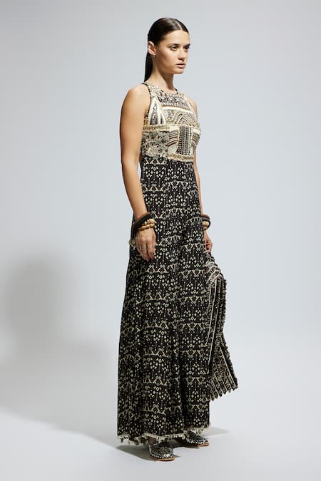 Buy_Sva By Sonam & Paras Modi_Black Crepe Sequins, Embroidery Halter Neck Boho Geometric Print Jumpsuit_Online_at_Aza_Fashions