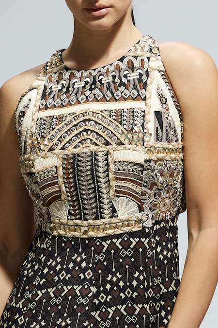 Buy_Sva By Sonam & Paras Modi_Black Crepe Sequins, Embroidery Halter Neck Boho Geometric Print Jumpsuit