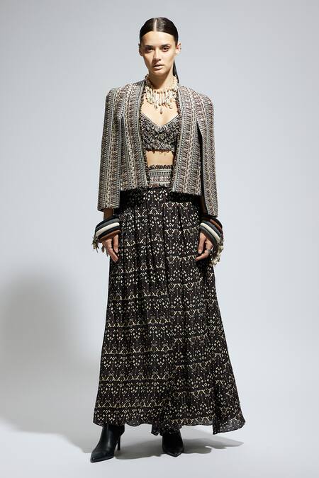 Sva By Sonam & Paras Modi Black Crepe Sequins, Beads Sweetheart Neck, Open Embellished Jacket Skirt Set Online at Aza Fashions Sva By Sonam & Paras Modi_Black Crepe Sequins, Beads Sweetheart Neck, Open Embellished Jacket Skirt Set_Online_at_Aza_Fashions