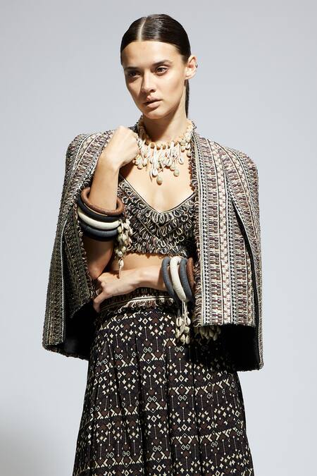 Sva By Sonam & Paras Modi Black Crepe Sequins, Beads Sweetheart Neck, Open Embellished Jacket Skirt Set at Aza Fashions Sva By Sonam & Paras Modi_Black Crepe Sequins, Beads Sweetheart Neck, Open Embellished Jacket Skirt Set_at_Aza_Fashions