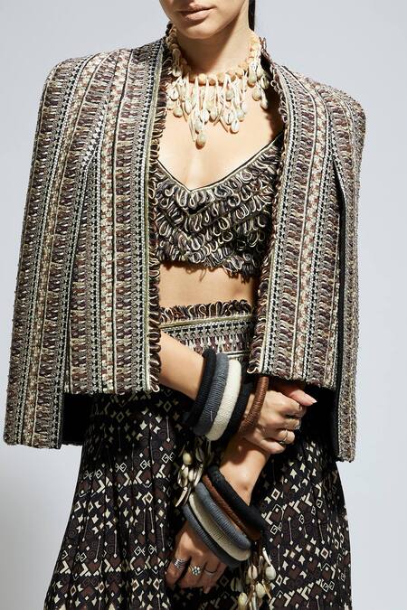 Buy Sva By Sonam & Paras Modi Black Crepe Sequins, Beads Sweetheart Neck, Open Embellished Jacket Skirt Set Buy_Sva By Sonam & Paras Modi_Black Crepe Sequins, Beads Sweetheart Neck, Open Embellished Jacket Skirt Set