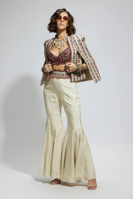 Buy_Sva By Sonam & Paras Modi_Black Silk Sequins, Embroidery Sweetheart Neck, Embellished Jacket And Sharara Set_Online_at_Aza_Fashions