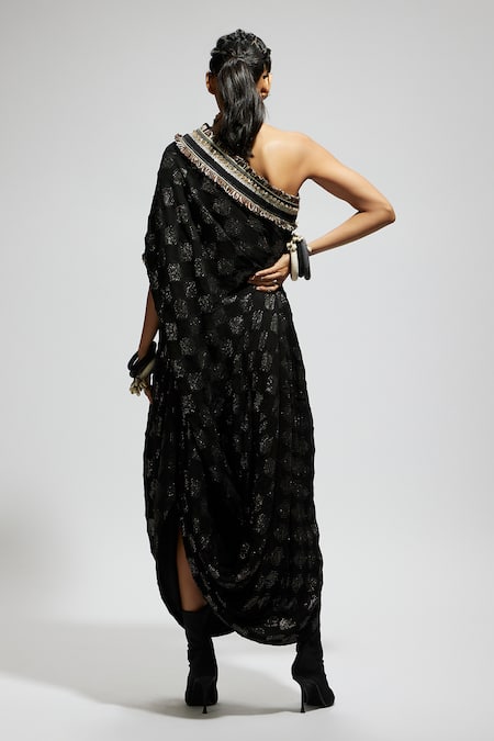 Sva By Sonam & Paras Modi Black Sequin Embellished One-Shoulder Dress 