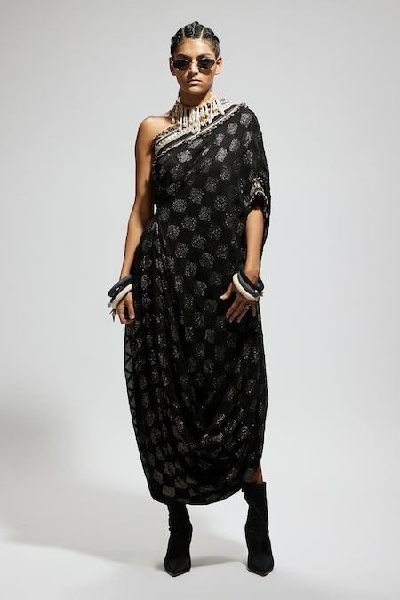 Sva By Sonam & Paras Modi_Black Crepe Sequins One Shoulder Embellished Dress_Online_at_Aza_Fashions