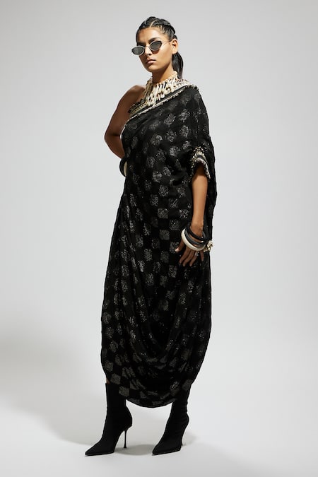 Buy_Sva By Sonam & Paras Modi_Black Crepe Sequins One Shoulder Embellished Dress_Online_at_Aza_Fashions