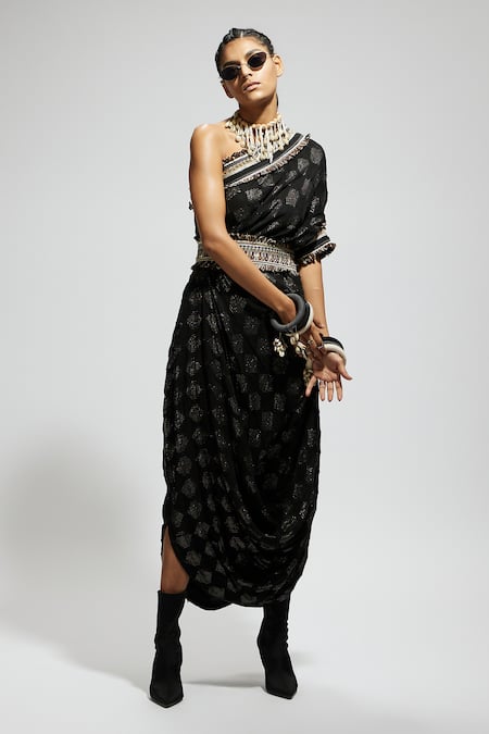 Sva By Sonam & Paras Modi_Black Crepe Sequins One Shoulder Embellished Dress_at_Aza_Fashions