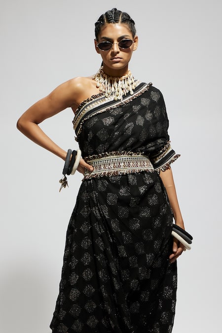 Buy_Sva By Sonam & Paras Modi_Black Crepe Sequins One Shoulder Embellished Dress