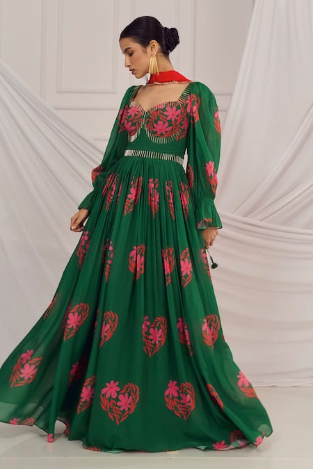 Harshita Singhvi_Green Georgette, Crepe Sequins, Floral Heart Print Anarkali And Dupatta _Online_at_Aza_Fashions