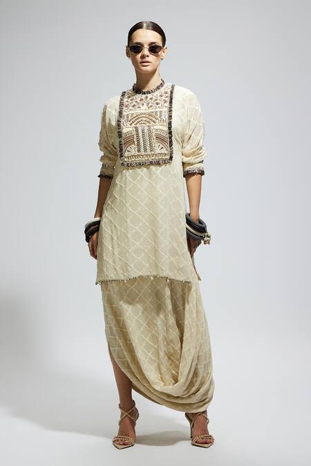 Sva By Sonam & Paras Modi Ivory Crepe Embroidery Round Neck Aztec Tunic And Skirt Set Online at Aza Fashions Sva By Sonam & Paras Modi_Ivory Crepe Embroidery Round Neck Aztec Tunic And Skirt Set_Online_at_Aza_Fashions