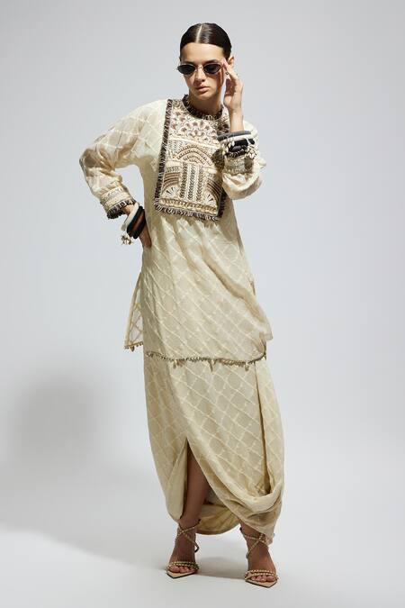 Buy Sva By Sonam & Paras Modi Ivory Crepe Embroidery Round Neck Aztec Tunic And Skirt Set Online at Aza Fashions Buy_Sva By Sonam & Paras Modi_Ivory Crepe Embroidery Round Neck Aztec Tunic And Skirt Set_Online_at_Aza_Fashions