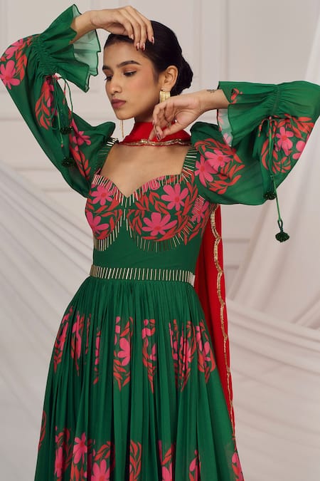 Buy_Harshita Singhvi_Green Georgette, Crepe Sequins, Floral Heart Print Anarkali And Dupatta _Online_at_Aza_Fashions