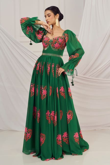 Shop_Harshita Singhvi_Green Georgette, Crepe Sequins, Floral Heart Print Anarkali And Dupatta _Online_at_Aza_Fashions
