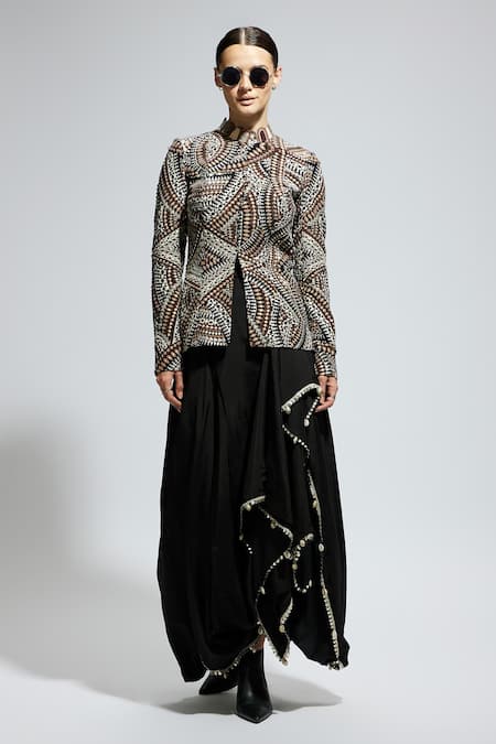Sva By Sonam & Paras Modi Black Silk Sequins High Neck Zentangle Embellished Jacket And Skirt Set Online at Aza Fashions Sva By Sonam & Paras Modi_Black Silk Sequins High Neck Zentangle Embellished Jacket And Skirt Set_Online_at_Aza_Fashions