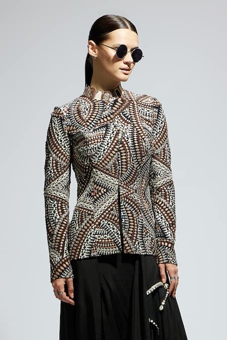 Sva By Sonam & Paras Modi Black Silk Sequins High Neck Zentangle Embellished Jacket And Skirt Set at Aza Fashions Sva By Sonam & Paras Modi_Black Silk Sequins High Neck Zentangle Embellished Jacket And Skirt Set_at_Aza_Fashions