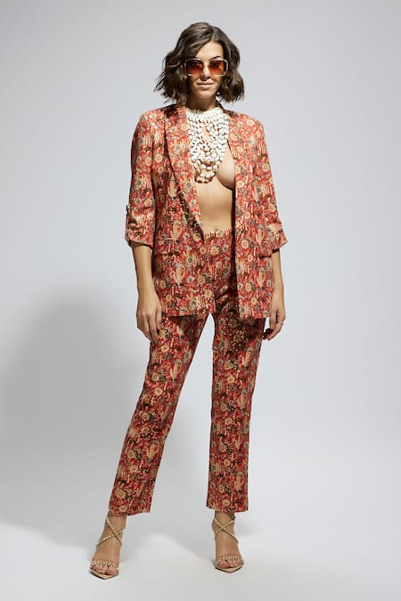 Sva By Sonam & Paras Modi_Orange Crepe Sequins Embellished Floral Print Blazer And Pant Set_Online_at_Aza_Fashions