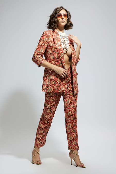 Buy_Sva By Sonam & Paras Modi_Orange Crepe Sequins Embellished Floral Print Blazer And Pant Set_Online_at_Aza_Fashions