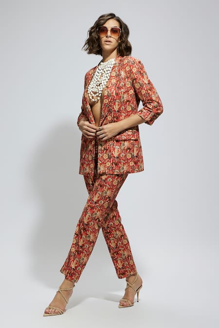 Sva By Sonam & Paras Modi_Orange Crepe Sequins Embellished Floral Print Blazer And Pant Set_at_Aza_Fashions