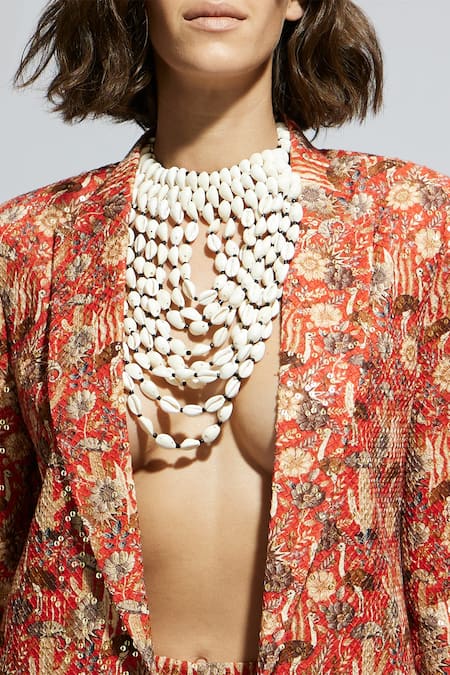 Buy_Sva By Sonam & Paras Modi_Orange Crepe Sequins Embellished Floral Print Blazer And Pant Set