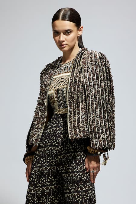 SVA by Sonam & Paras Modi Brown Silk Lace Open Neck Loop Embellished Jacket 