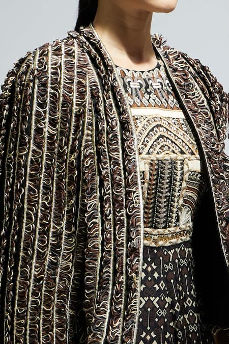 Shop Sva By Sonam & Paras Modi Brown Silk Lace Open Neck Loop Embellished Jacket at Aza Fashions Shop_Sva By Sonam & Paras Modi_Brown Silk Lace Open Neck Loop Embellished Jacket_at_Aza_Fashions