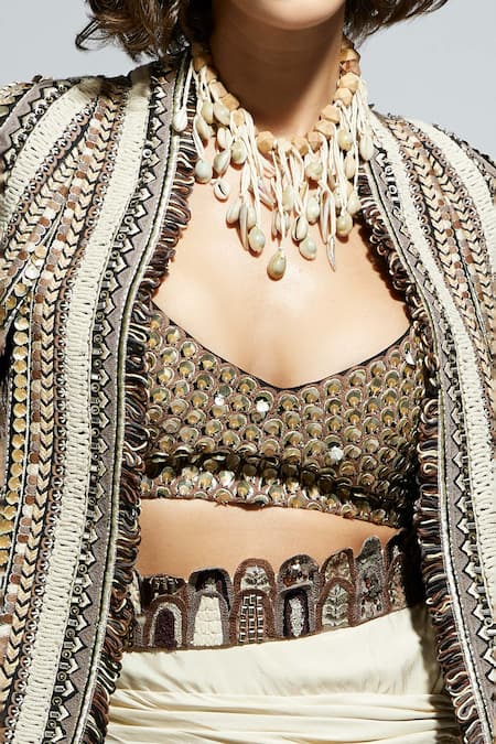 Sva By Sonam & Paras Modi_Ivory Silk Sequins Open Neck Tribal Embellished Jacket_Online_at_Aza_Fashions