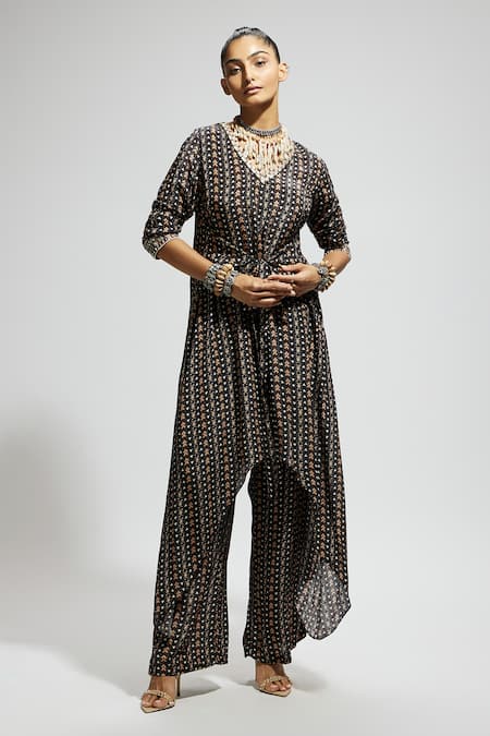 SVA by Sonam & Paras Modi Black Boho Print Asymmetric Tunic & Pant Set 