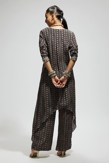 Sva By Sonam & Paras Modi Black Boho Print Asymmetric Tunic & Pant Set 