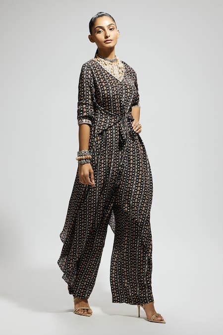 Sva By Sonam & Paras Modi Black Crepe Embroidery V-neck Boho Print Asymmetric Tunic And Pant Set Online at Aza Fashions Sva By Sonam & Paras Modi_Black Crepe Embroidery V-neck Boho Print Asymmetric Tunic And Pant Set_Online_at_Aza_Fashions