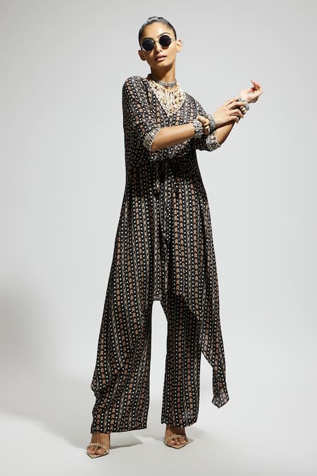 Buy Sva By Sonam & Paras Modi Black Crepe Embroidery V-neck Boho Print Asymmetric Tunic And Pant Set Online at Aza Fashions Buy_Sva By Sonam & Paras Modi_Black Crepe Embroidery V-neck Boho Print Asymmetric Tunic And Pant Set_Online_at_Aza_Fashions