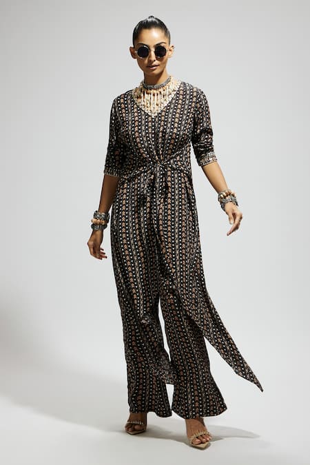 Shop Sva By Sonam & Paras Modi Black Crepe Embroidery V-neck Boho Print Asymmetric Tunic And Pant Set Online at Aza Fashions Shop_Sva By Sonam & Paras Modi_Black Crepe Embroidery V-neck Boho Print Asymmetric Tunic And Pant Set_Online_at_Aza_Fashions