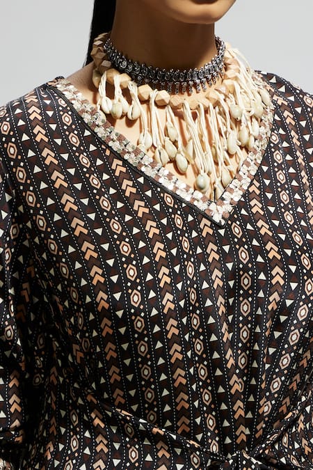 Sva By Sonam & Paras Modi Black Crepe Embroidery V-neck Boho Print Asymmetric Tunic And Pant Set at Aza Fashions Sva By Sonam & Paras Modi_Black Crepe Embroidery V-neck Boho Print Asymmetric Tunic And Pant Set_at_Aza_Fashions