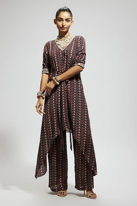 Sva By Sonam & Paras Modi Blue Crepe Embroidery V-neck Asymmetric Boho Print Tunic And Pant Set Online at Aza Fashions Sva By Sonam & Paras Modi_Blue Crepe Embroidery V-neck Asymmetric Boho Print Tunic And Pant Set_Online_at_Aza_Fashions