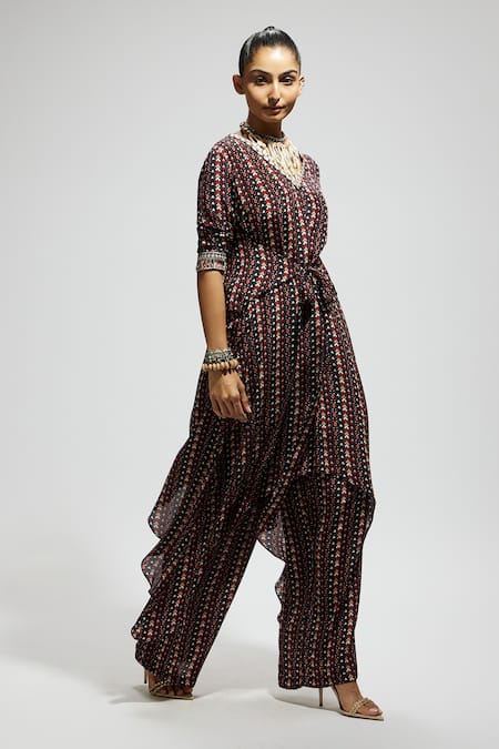 Buy Sva By Sonam & Paras Modi Blue Crepe Embroidery V-neck Asymmetric Boho Print Tunic And Pant Set Online at Aza Fashions Buy_Sva By Sonam & Paras Modi_Blue Crepe Embroidery V-neck Asymmetric Boho Print Tunic And Pant Set_Online_at_Aza_Fashions