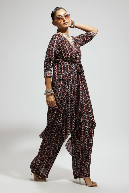 Shop Sva By Sonam & Paras Modi Blue Crepe Embroidery V-neck Asymmetric Boho Print Tunic And Pant Set Online at Aza Fashions Shop_Sva By Sonam & Paras Modi_Blue Crepe Embroidery V-neck Asymmetric Boho Print Tunic And Pant Set_Online_at_Aza_Fashions