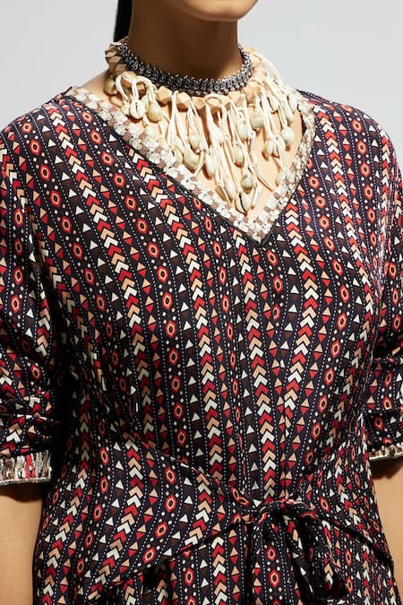 Sva By Sonam & Paras Modi Blue Crepe Embroidery V-neck Asymmetric Boho Print Tunic And Pant Set at Aza Fashions Sva By Sonam & Paras Modi_Blue Crepe Embroidery V-neck Asymmetric Boho Print Tunic And Pant Set_at_Aza_Fashions