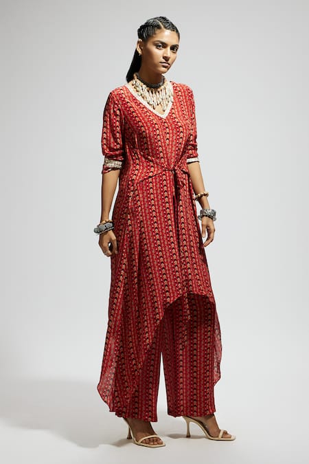 Sva By Sonam & Paras Modi Orange Crepe Embroidery V-neck Asymmetric Hem Boho Print Tunic Set Online at Aza Fashions Sva By Sonam & Paras Modi_Orange Crepe Embroidery V-neck Asymmetric Hem Boho Print Tunic Set_Online_at_Aza_Fashions