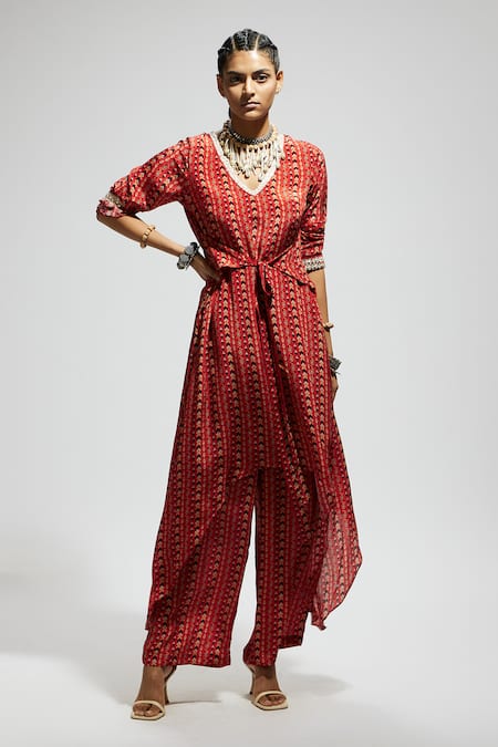 Buy Sva By Sonam & Paras Modi Orange Crepe Embroidery V-neck Asymmetric Hem Boho Print Tunic Set Online at Aza Fashions Buy_Sva By Sonam & Paras Modi_Orange Crepe Embroidery V-neck Asymmetric Hem Boho Print Tunic Set_Online_at_Aza_Fashions