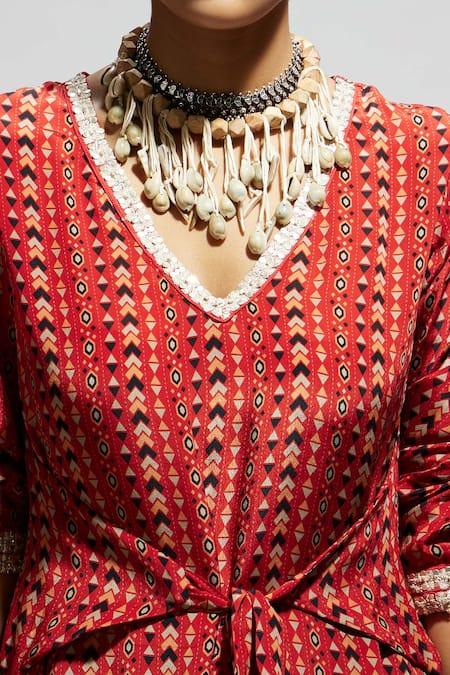 Sva By Sonam & Paras Modi Orange Crepe Embroidery V-neck Asymmetric Hem Boho Print Tunic Set at Aza Fashions Sva By Sonam & Paras Modi_Orange Crepe Embroidery V-neck Asymmetric Hem Boho Print Tunic Set_at_Aza_Fashions