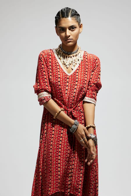 Buy Sva By Sonam & Paras Modi Orange Crepe Embroidery V-neck Asymmetric Hem Boho Print Tunic Set Buy_Sva By Sonam & Paras Modi_Orange Crepe Embroidery V-neck Asymmetric Hem Boho Print Tunic Set