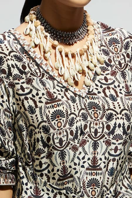 Sva By Sonam & Paras Modi_White Crepe Embroidery V-neck Floral Jaal Print Tunic And Pant Set_at_Aza_Fashions