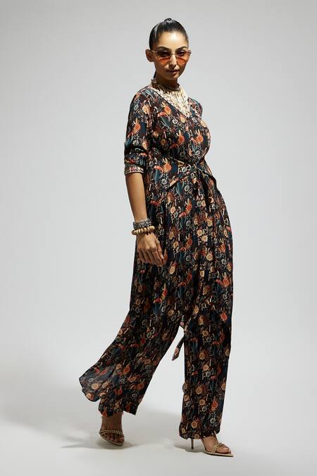 Sva By Sonam & Paras Modi_Black Crepe Embroidery V-neck Floral Bloom Asymmetric Tunic And Pant Set_Online_at_Aza_Fashions