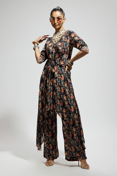 Buy_Sva By Sonam & Paras Modi_Black Crepe Embroidery V-neck Floral Bloom Asymmetric Tunic And Pant Set_Online_at_Aza_Fashions