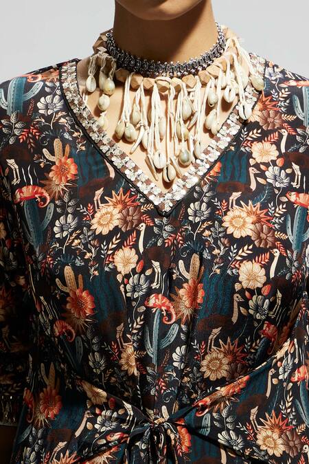 Shop_Sva By Sonam & Paras Modi_Black Crepe Embroidery V-neck Floral Bloom Asymmetric Tunic And Pant Set_Online_at_Aza_Fashions