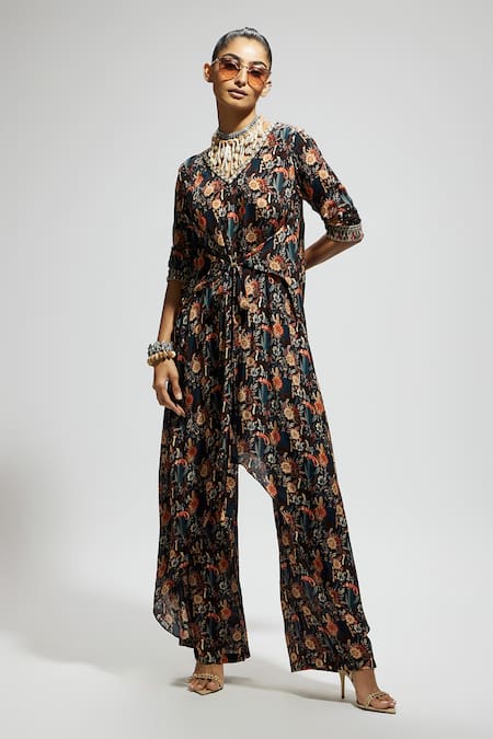 Sva By Sonam & Paras Modi_Black Crepe Embroidery V-neck Floral Bloom Asymmetric Tunic And Pant Set_at_Aza_Fashions