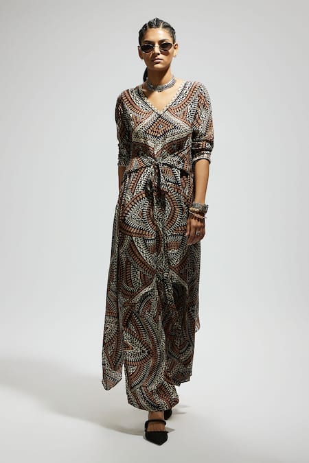 Sva By Sonam & Paras Modi Brown Crepe Zari V-neck Zentangle Abstract Print Tunic And Pant Set Online at Aza Fashions Sva By Sonam & Paras Modi_Brown Crepe Zari V-neck Zentangle Abstract Print Tunic And Pant Set_Online_at_Aza_Fashions